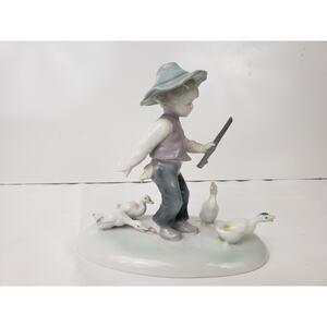 Vtg German Metzler & Ortloff Porcelain Boy with Flute and Geese #7210 Germany